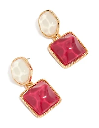 Gold Organic Red Pool Effect Round & Square Drop Earrings