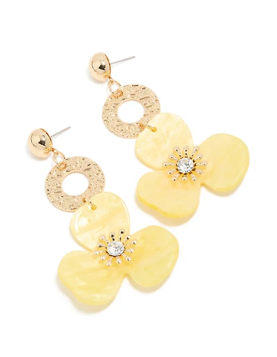 Gold Circle Yellow Flower Drop Earrings