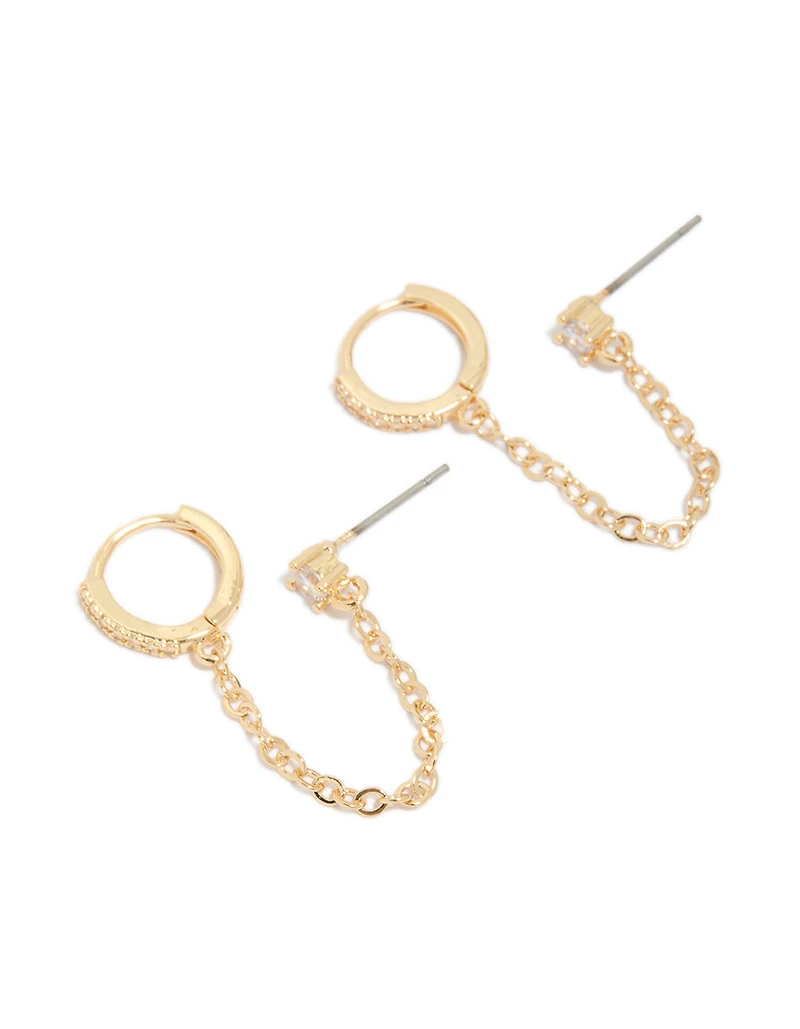 Gold Diamante Huggie & Chain Stud Earrings