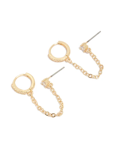 Gold Diamante Huggie & Chain Stud Earrings