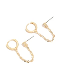 Gold Diamante Huggie &  Chain Stud Earrings