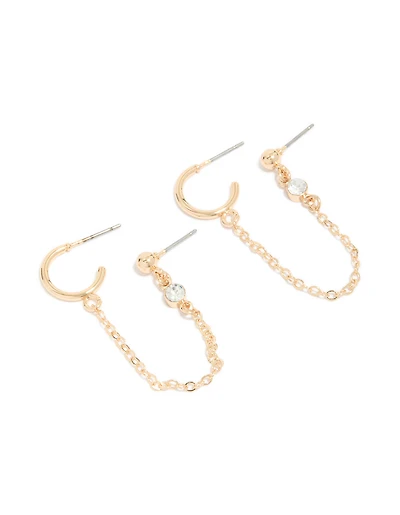 Gold Huggie & Chain Stud Earrings