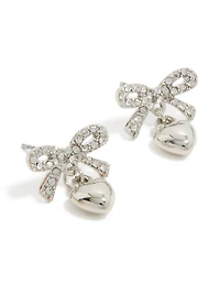 Silver Diamante Bow Heart Stud Earrings