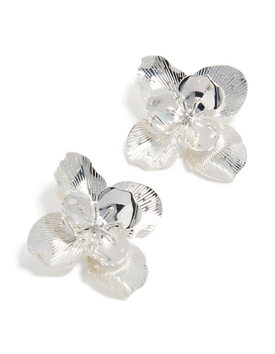 Silver Diamante Textured Flower Stud Earrings