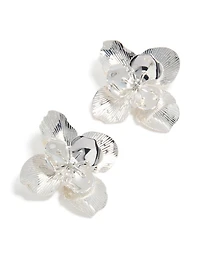 Silver Diamante Textured Flower Stud Earrings