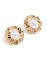 Gold Textured Outer Pearl Stud Earrings