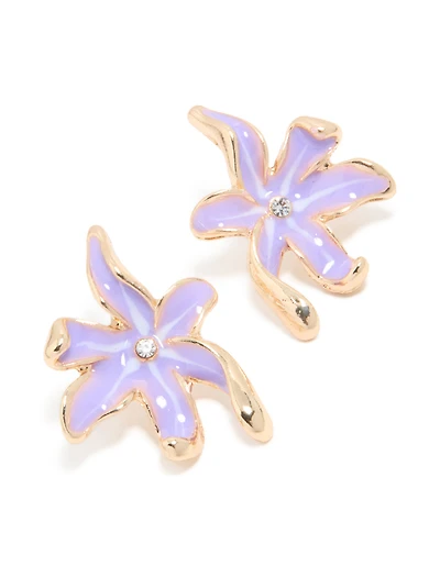Boucles d’oreilles en forme de clous en fleurs émaillées lilas dorées