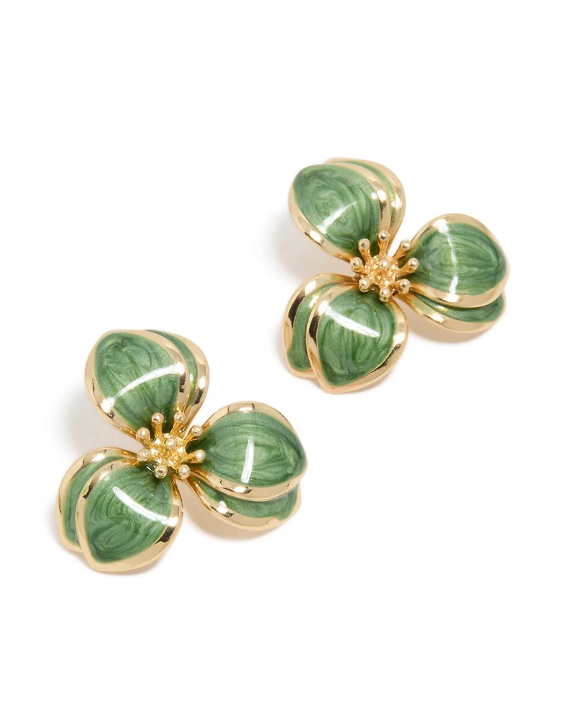 Gold Green Three Petal Flower Stud Earrings