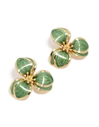 Gold Green Three Petal Flower Stud Earrings