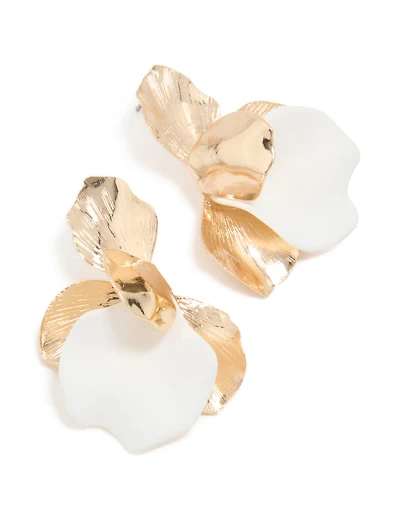 Gold White Half Flower Statement Stud Earrings