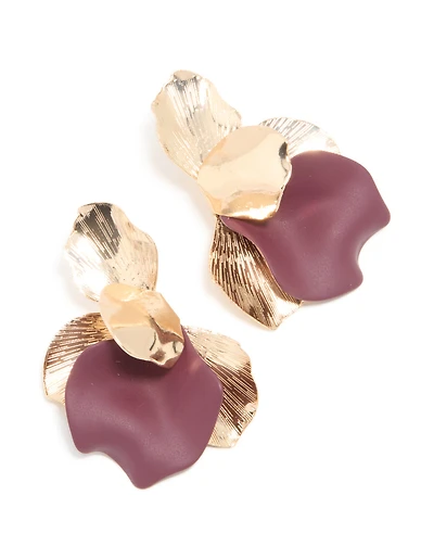 Gold Burgundy Half Flower Statement Stud Earrings