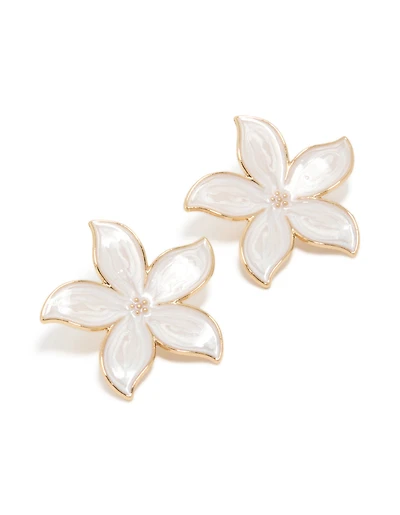 Gold White Enamel Flower Stud Earrings