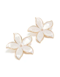 Gold White Enamel Flower Stud Earrings