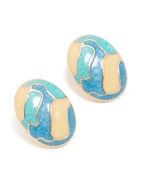 Gold Blue Enamel Oval Stud Earrings