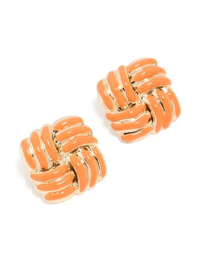 Gold Plaited Orange Square Stud Earrings