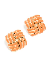 Gold Plaited Orange Square Stud Earrings