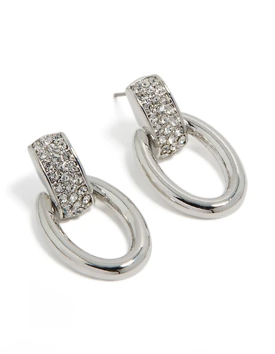 Silver Diamante Oval Barbell Stud Earrings