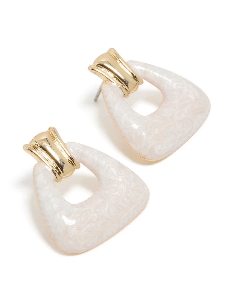 Gold White Marbled Acrylic Barbell Stud Earrings