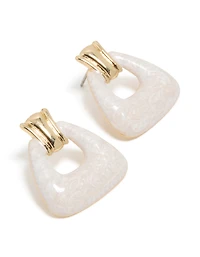 Gold White Marbled Acrylic Barbell Stud Earrings