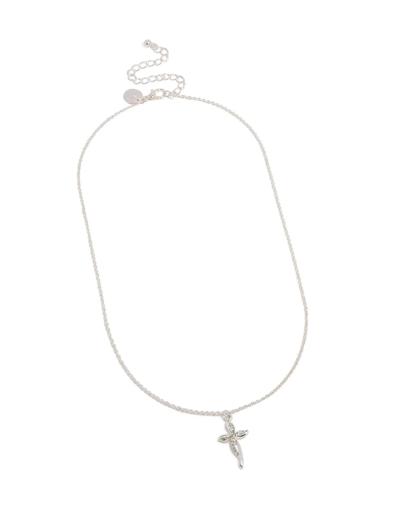 Silver Diamante Twist Cross Pendant Necklace