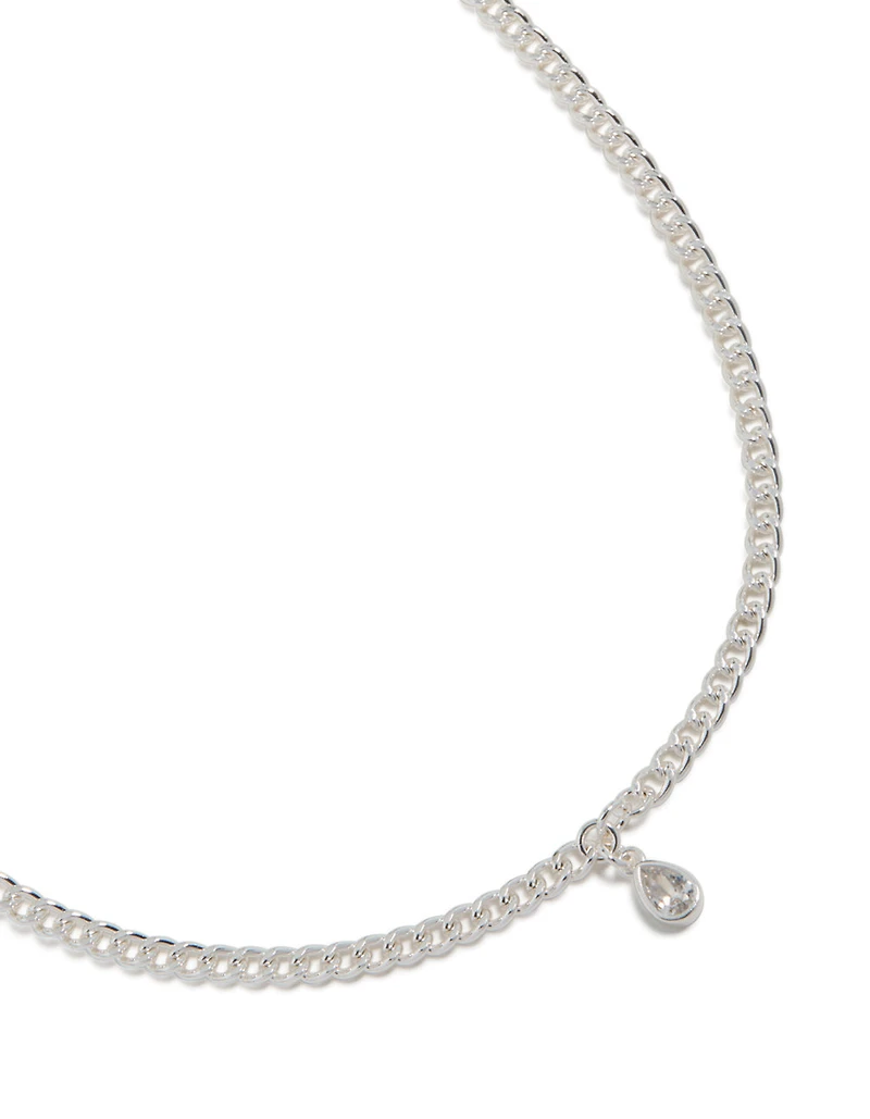 Silver Pear Diamante Drop Cuban Link Necklace