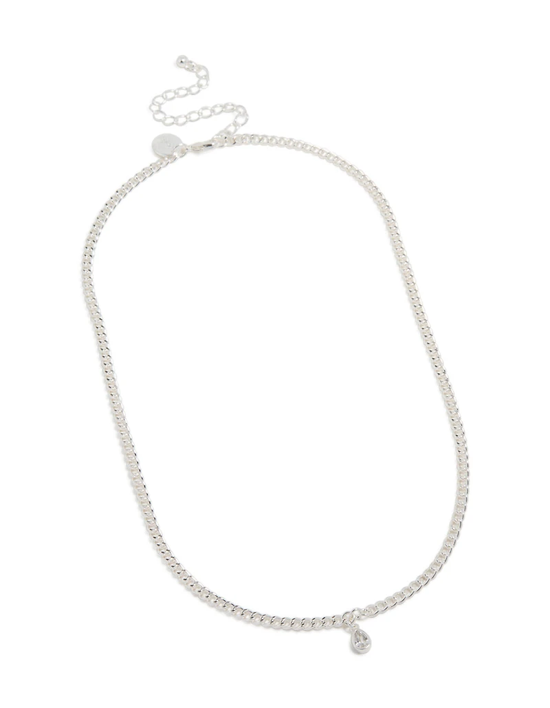 Silver Pear Diamante Drop Cuban Link Necklace