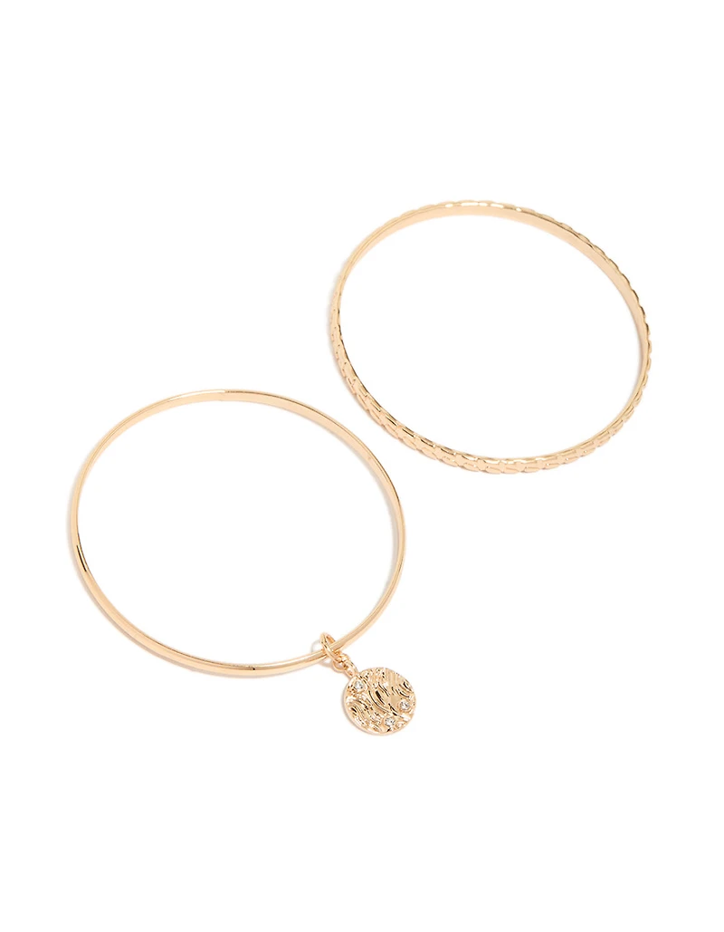 Gold Diamante Charm & Textured Bangles 2-Pack