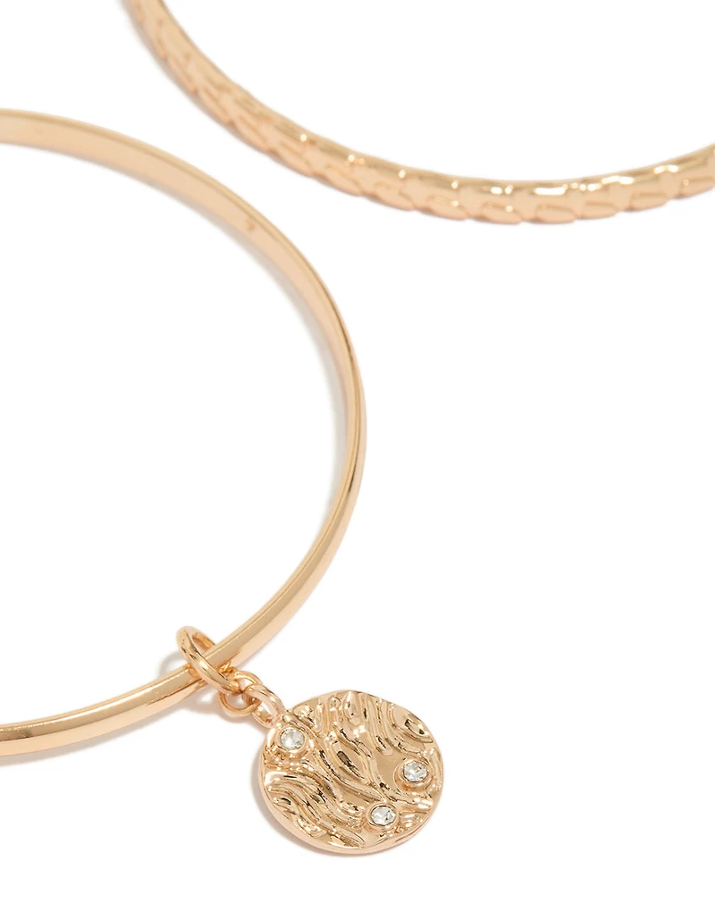 Gold Diamante Charm & Textured Bangles 2-Pack
