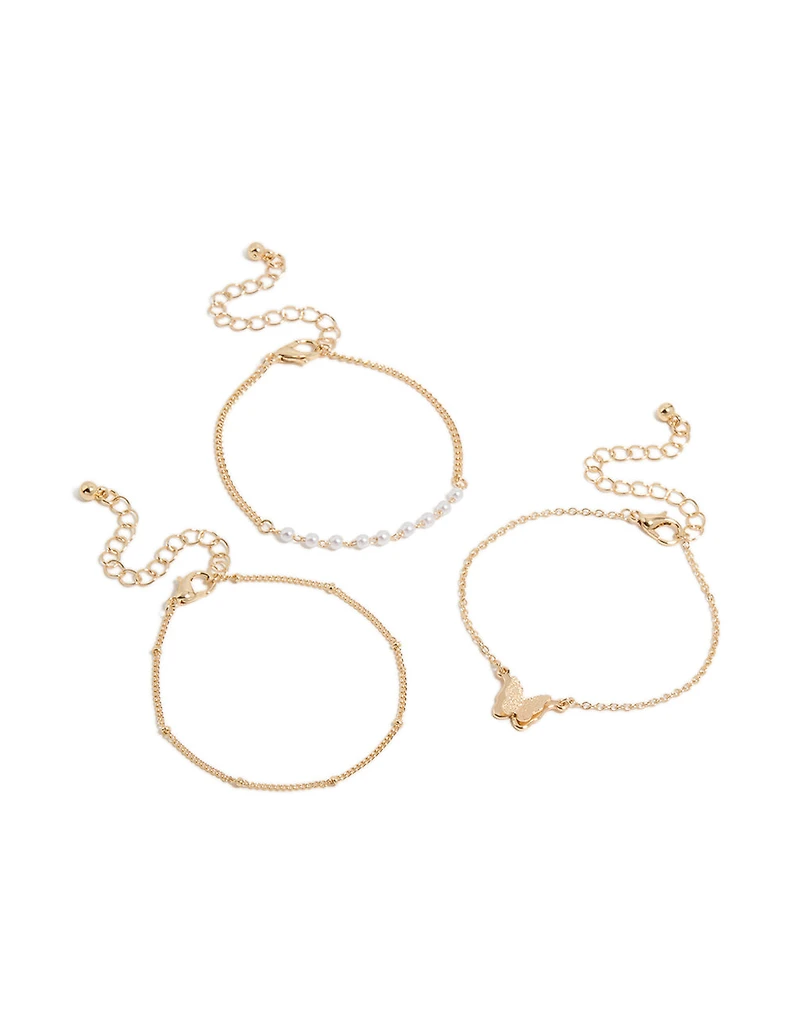 Gold Butterfly & Pearl Bracelets 3-Pack