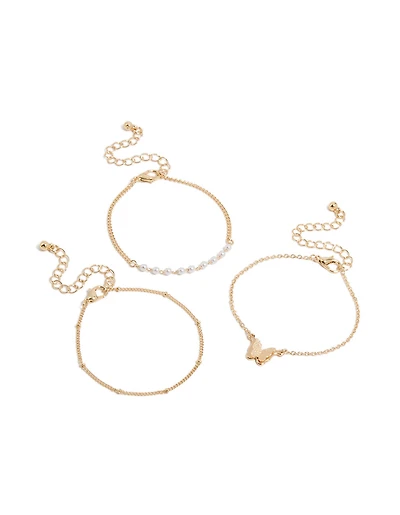 Gold Butterfly & Pearl Bracelets 3-Pack