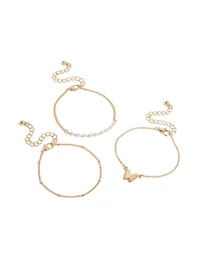 Gold Butterfly & Pearl Bracelets 3-Pack