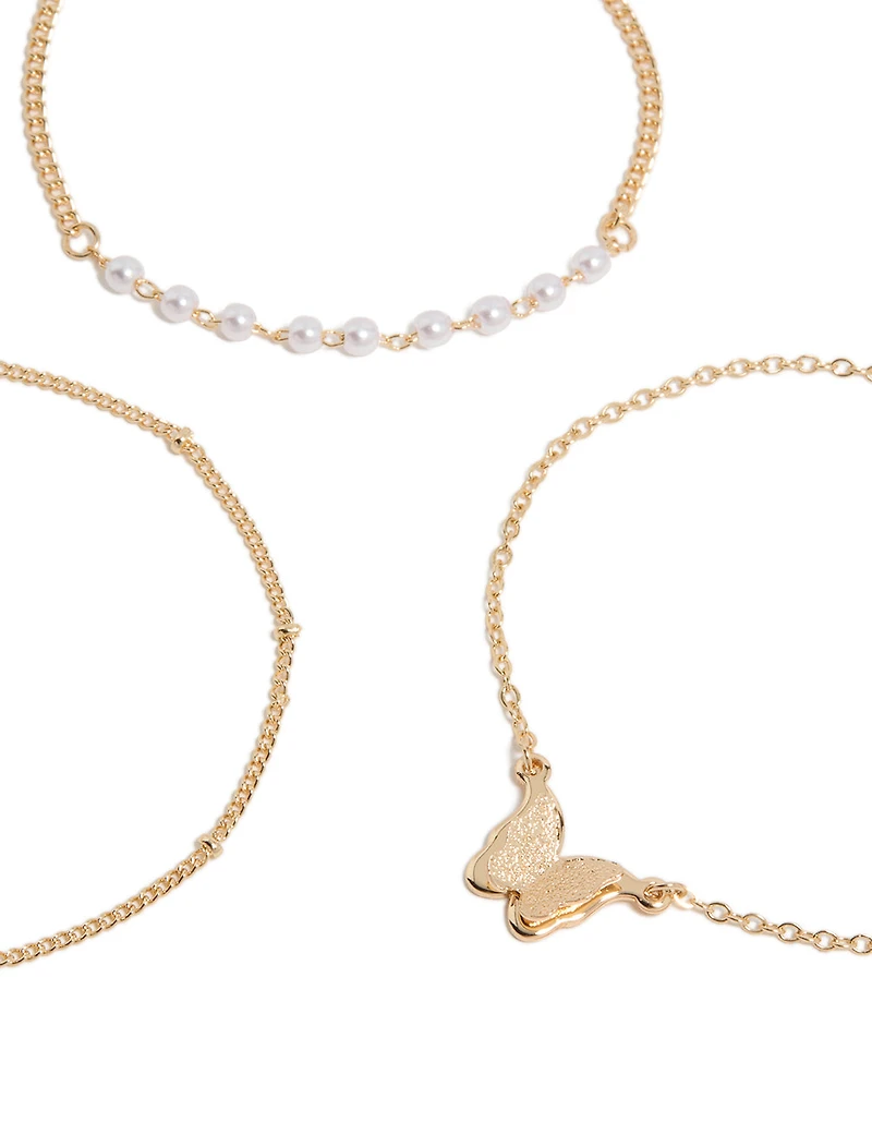 Gold Butterfly & Pearl Bracelets 3-Pack