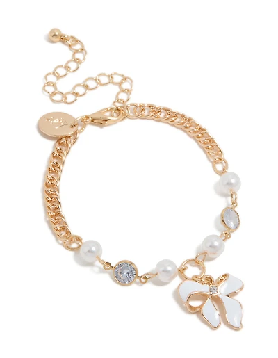 Gold Pearl & Bow Charm Bracelet