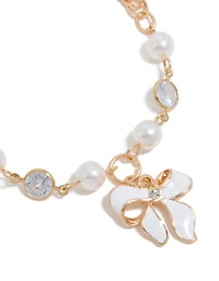 Gold Pearl & Bow Charm Bracelet