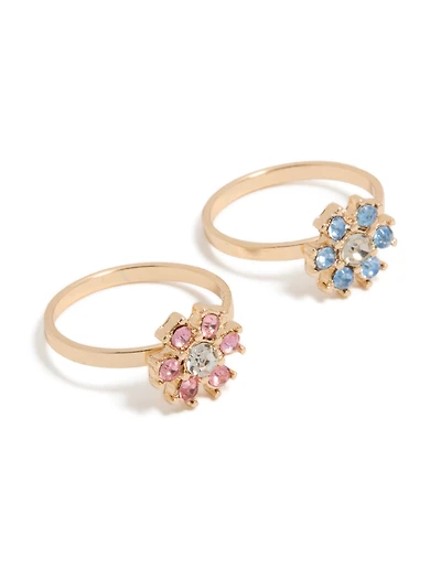 Gold Pink & Blue Diamante Flower Rings 2-Pack