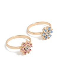 Gold Pink & Blue Diamante Flower Rings 2-Pack