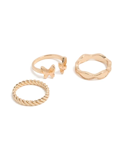 Gold Butterfly & Twisted Rings 3-Pack
