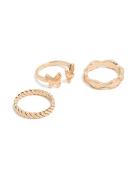 Gold Butterfly & Twisted Rings 3-Pack