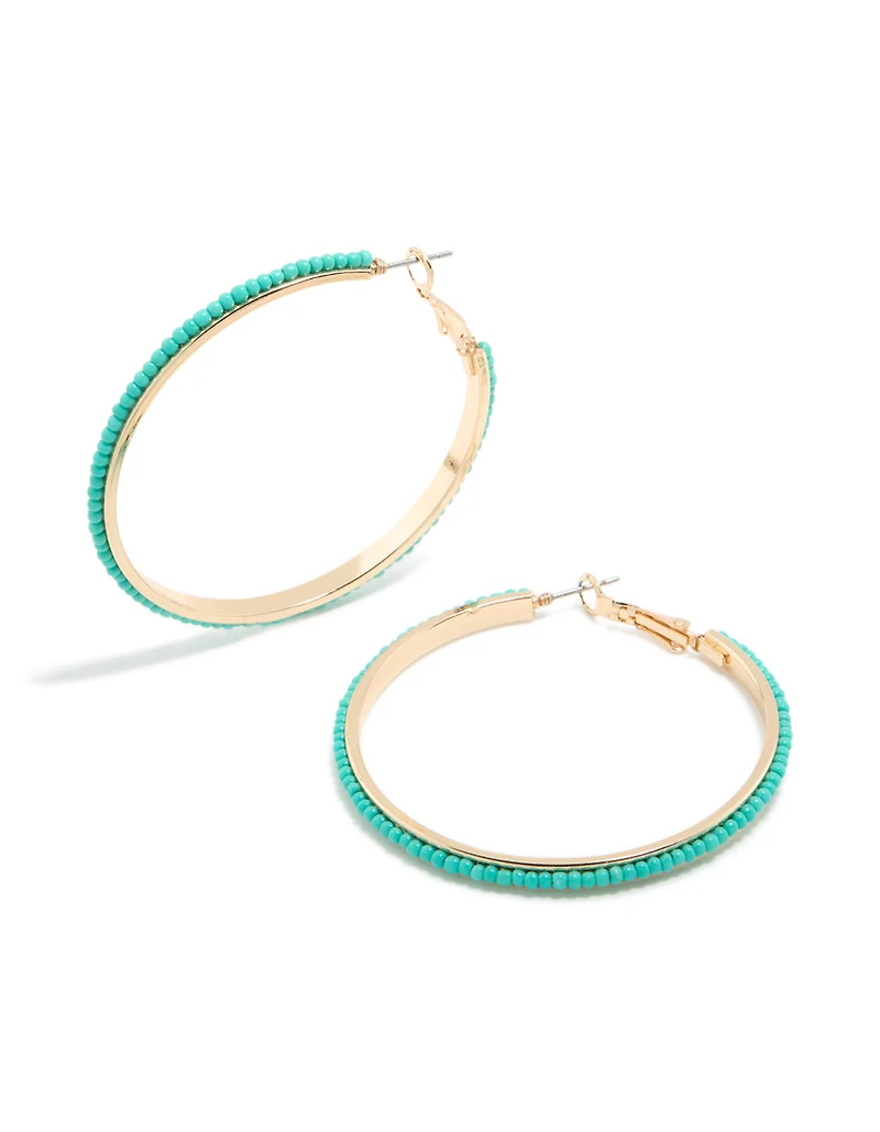 Gold Aqua Beaded Large Thin Hoop Earrings