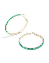 Gold Aqua Beaded Large Thin Hoop Earrings