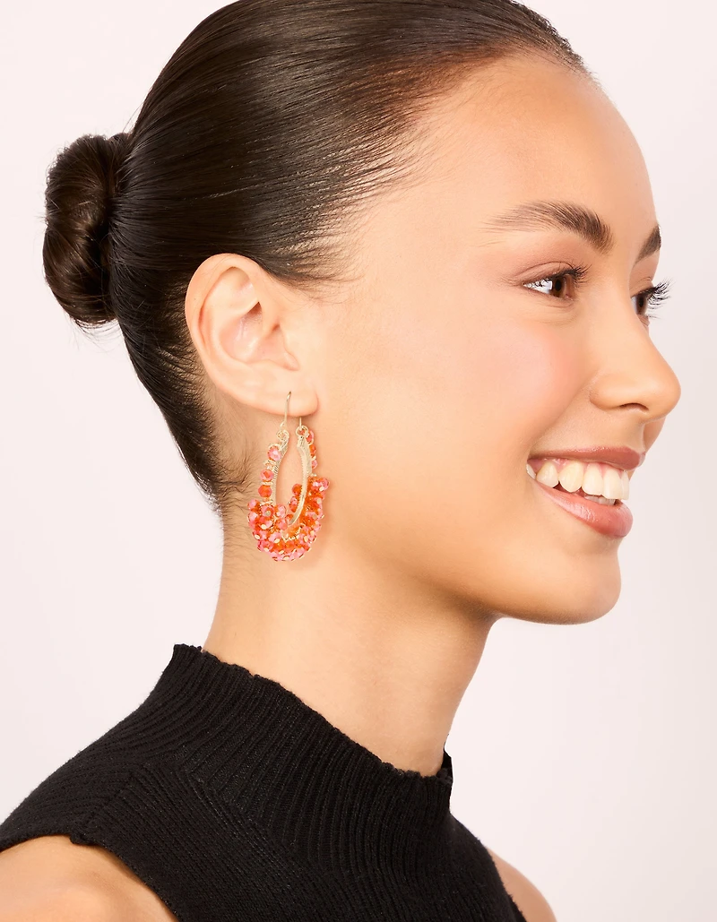 Orange Beaded Round Hoop Earrings
