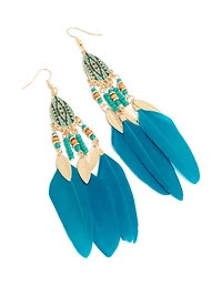 Boucles d’oreilles plumes bleues et perles