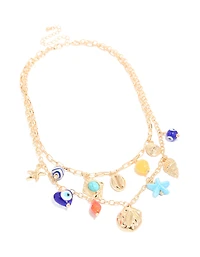 Gold Evil Eye & Sea Charm Layered  Necklace