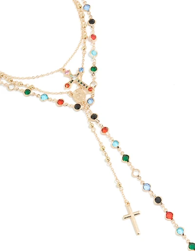 Pierre de verre dorée transparente et collier en Y croisé