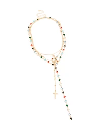 Gold See Through Glass Stone & Cross Layered Y-Necklace