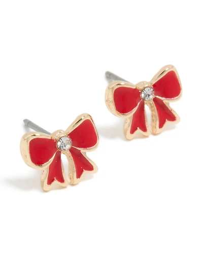 Gold Diamante Mini Red Bow Stud Earrings