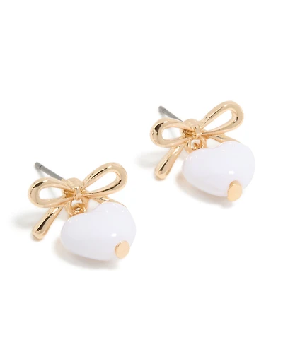 Gold Bow & White Bubble Heart Drop Earrings