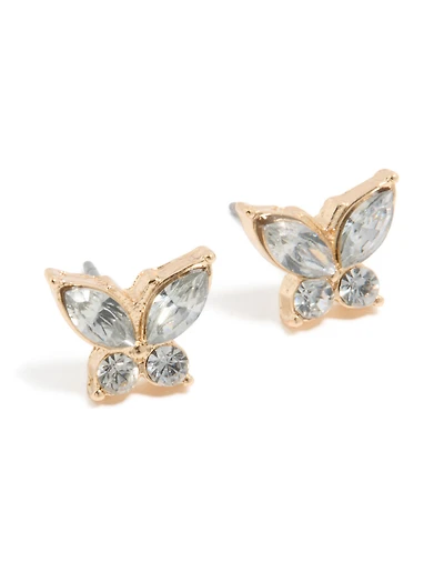 Gold Clear Diamante Butterfly Stud Earrings