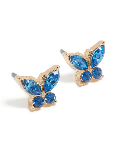 Gold Blue Diamante Butterfly Stud Earrings