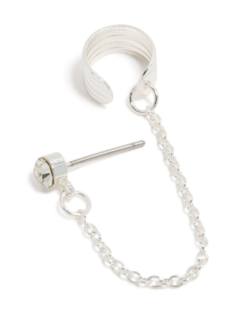 Silver Diamante Ribbed Cuff & Stud Earring